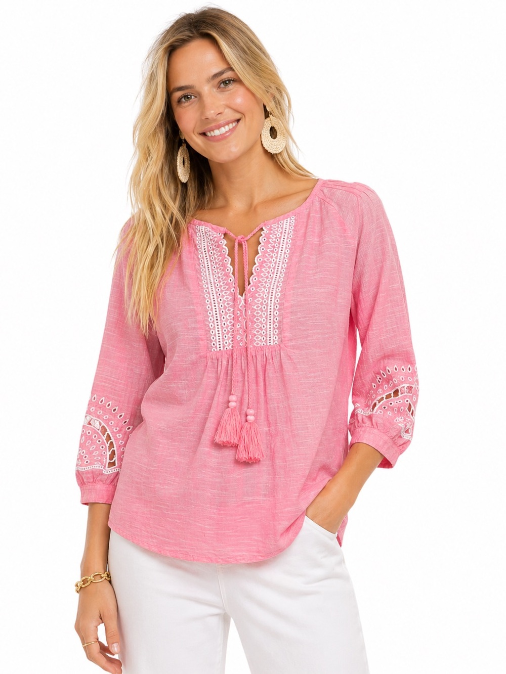 Talbots Womens Cotton Embroidered Eyelet Lace Peasant Top S Pink Coquette Girl